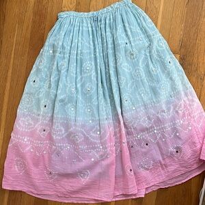 Dip Dyed Ombré Pink and Light Blue 100% Cotton Maxi Skirt with Spangles